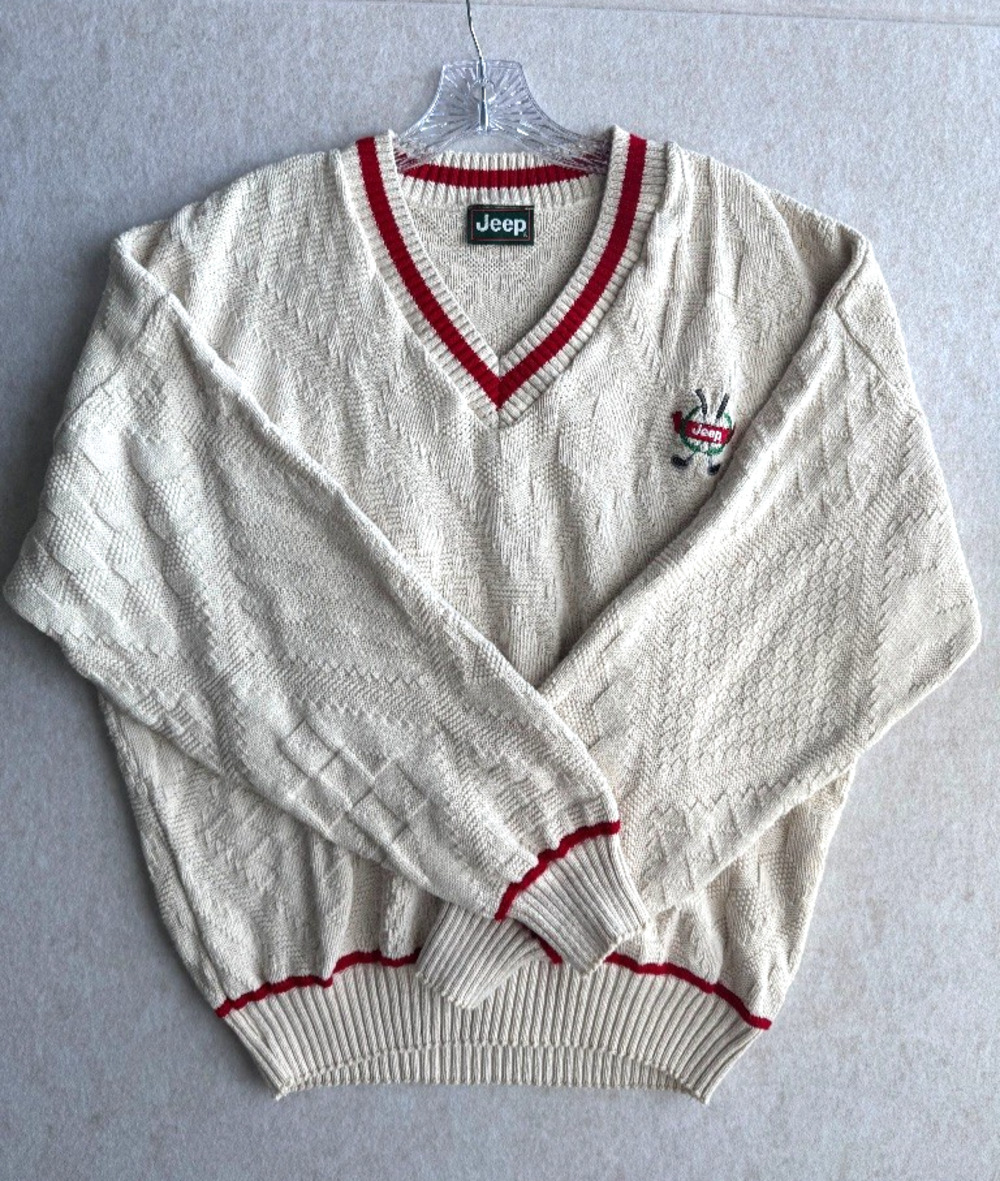 Vintage Jeep Golf Sweater Mens XL Made USA Cotton V Neck Ivory Red Embroidered